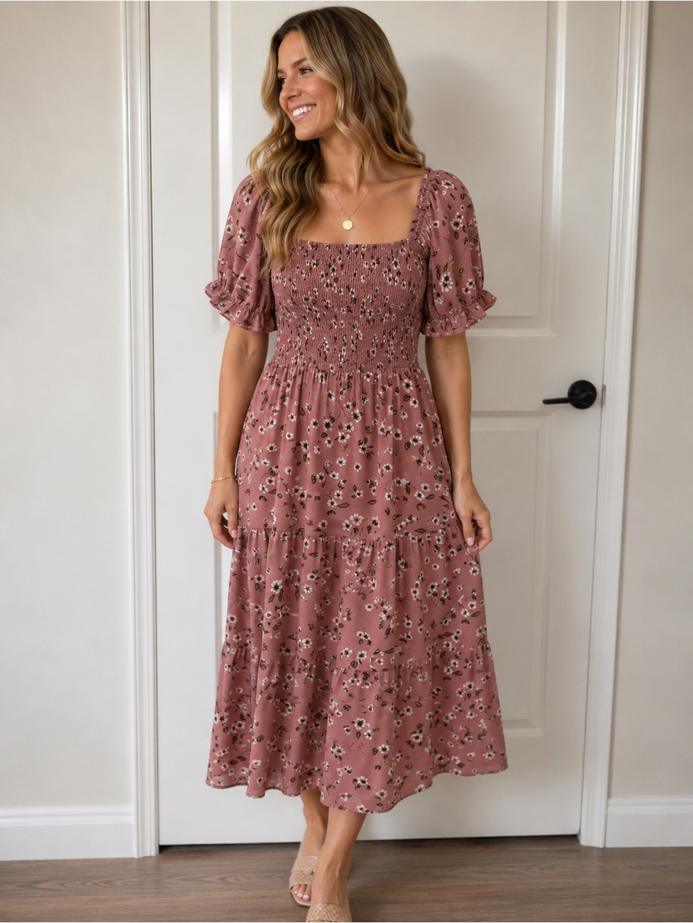 Smocked Square Neck Floral Midi Dress - Mauve Pink
